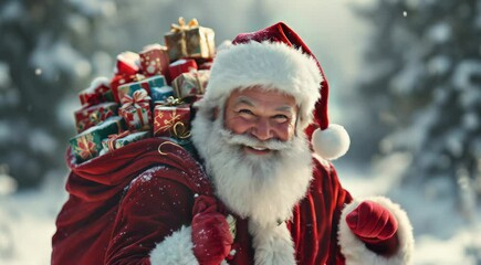 Jolly Santa Claus carries a huge sack filled with Christmas gifts through a snowy winter wonderland scene