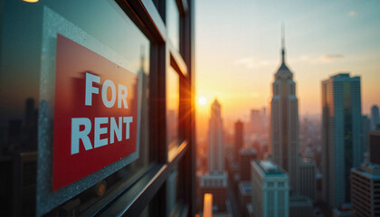 For rent sign in high-rise building window