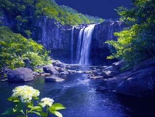 Lush waterfall cascading down a rocky cliff face, surrounded by vibrant green forest and a tranquil pool