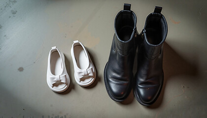 Tiny baby shoes next to mom’s boots