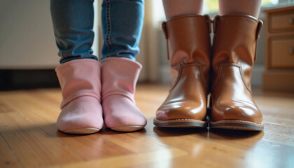 Tiny baby shoes next to mom’s boots