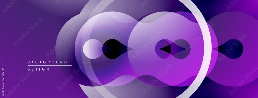 Poster Abstract purple design features overlapping circles, gradients, lines. Modern aesthetic, smooth transitions create dynamic visual effect.