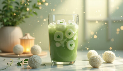 Refreshing Matcha Iced Drink with Decorative Ice Cubes