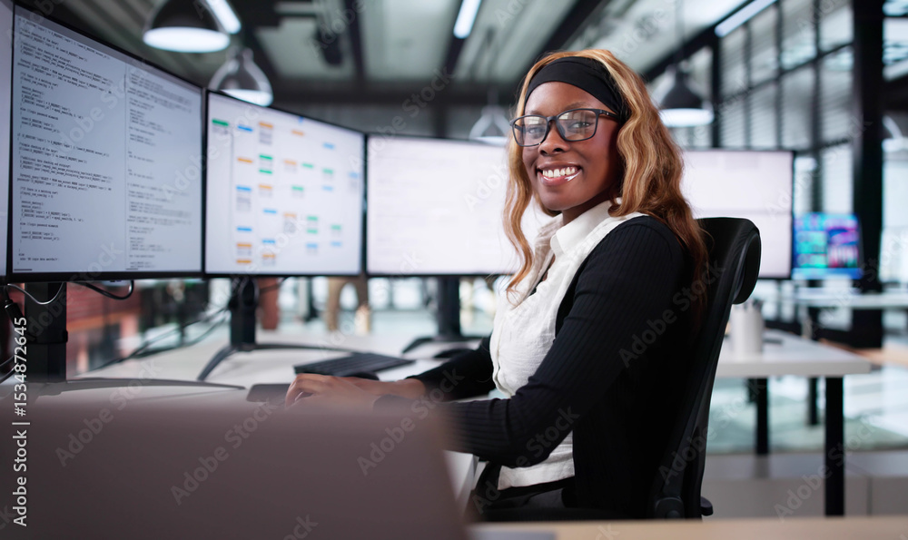 Poster Smiling African Programmer Creating Innovative Code On Computer