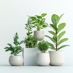 Variety of Indoor Plants in Stylish Pots on White Background: Home Decoration