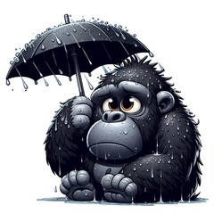 A whimsical cartoon gorilla sadly sits under an umbrella in the rain.