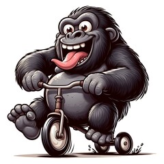 A quirky cartoon gorilla rides a children's bicycle.