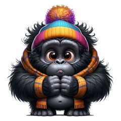 A whimsical cartoon gorilla in a knitted hat and scarf is freezing in the cold.