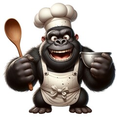 Whimsical cartoon gorilla in chef form with bowl and spoon.