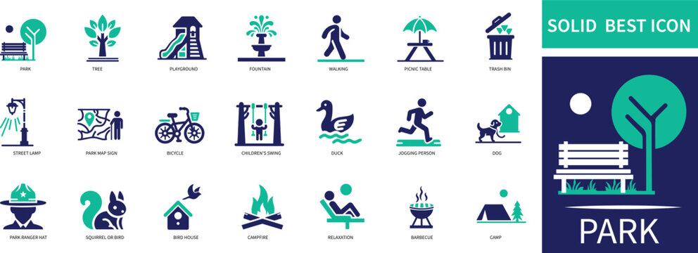 A clean and minimal park icon set featuring symbols such as trees, benches, playgrounds, walking paths, picnic areas, street lamps, and nature elements.