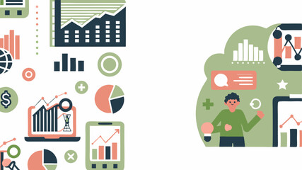 Illustration of data analysis with charts graphs and a person holding a lightbulb for ideas and insights