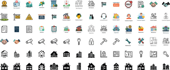 Collection of real estate and property icons illustrating houses apartments contracts and maintenance elements