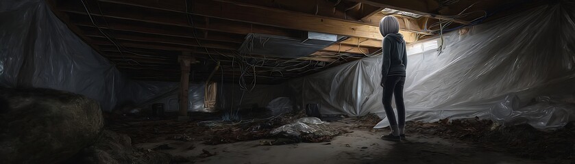Person standing in a dark, cluttered basement.