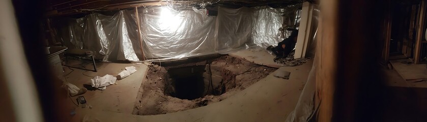 Interior view of a basement with a large hole in the floor.