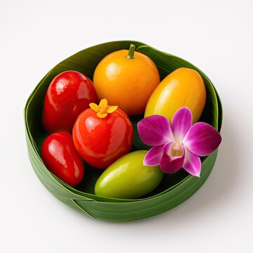 Colorful thai luk chup dessert in banana leaf cup, realistic mung bean sweets shaped like fruits on white background for gourmet isolate food styling and asian culinary design