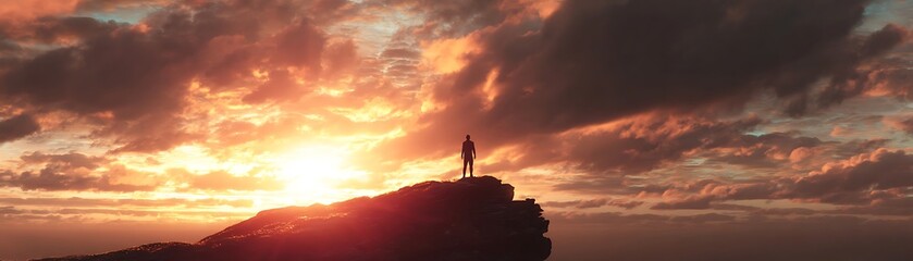 Silhouette of a person on a cliff at sunset.