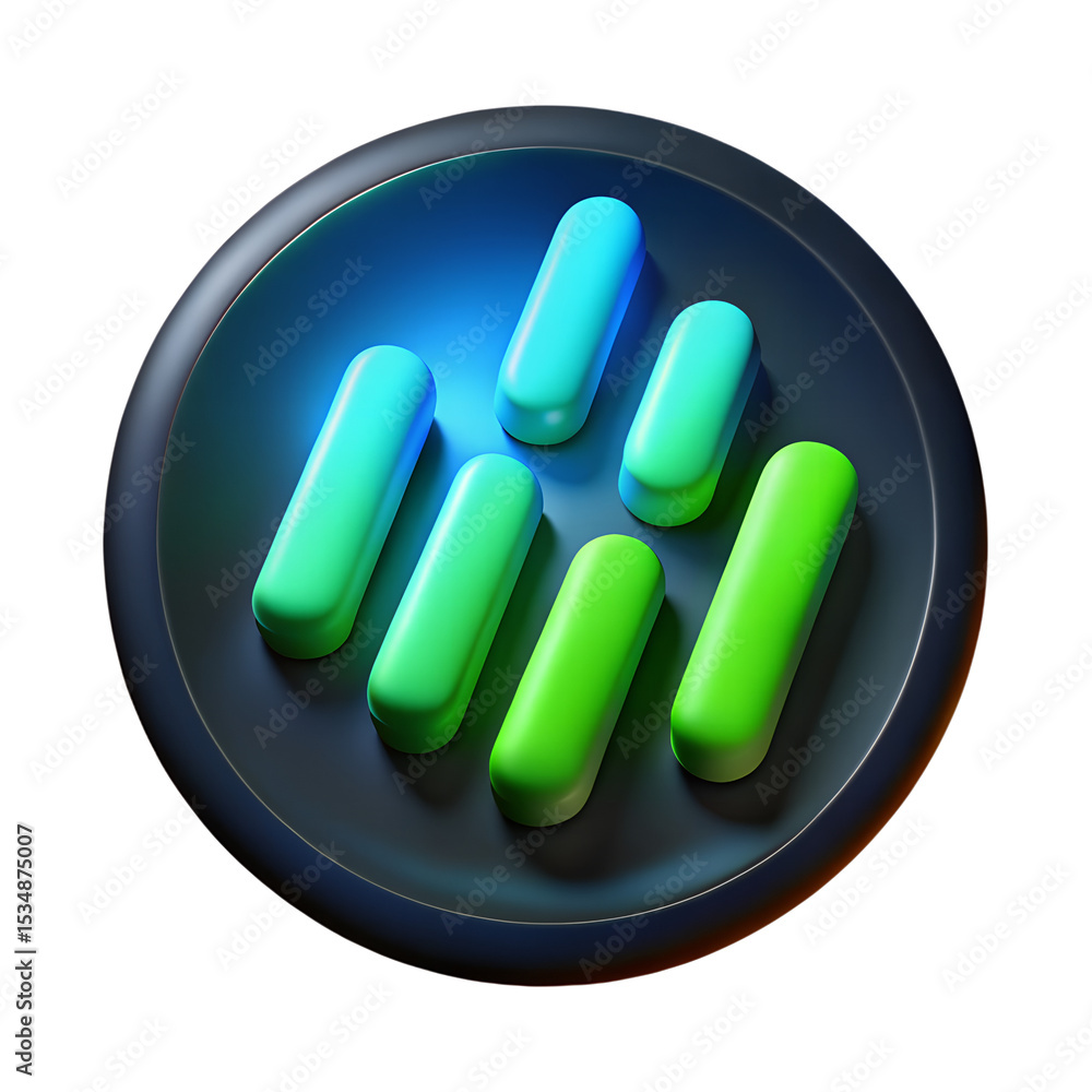 Poster a vibrant 3d render of colorful pill-shaped objects arranged inside a dark blue circular container o