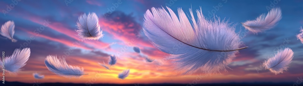 Poster calm mind state in hope and serenity through rest concept. a serene sunset with floating feathers in