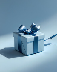 Luxury box tied with a blue ribbon in blue background. AI Generative. 