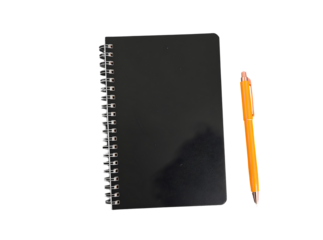 Black Spiral Notebook and Orange Pen on Black Background Simple Stationery Flatlay Minimalist Office Supplies Desk Workspace Photography