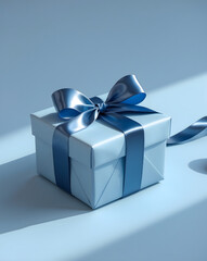 Luxury box tied with a blue ribbon in blue background. AI Generative. 