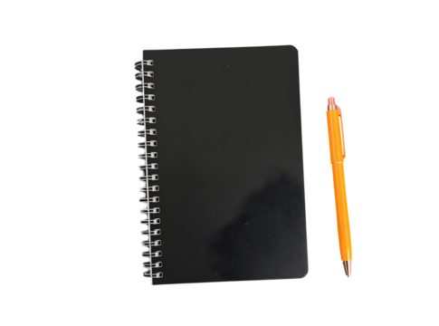 Black Spiral Notebook and Orange Pen on Black Background Simple Stationery Flatlay Minimalist Office Supplies Desk Workspace Photography - Powered by Adobe