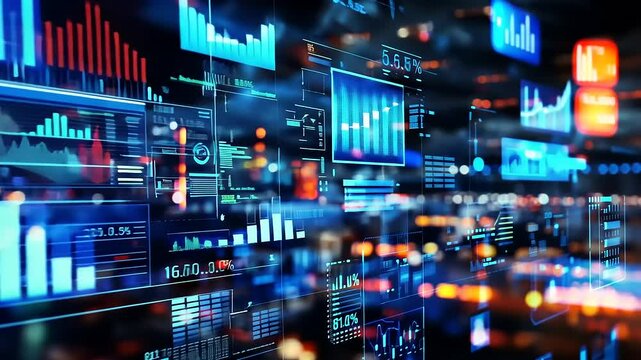 Futuristic data visualization interface displaying graphs and analytics with vibrant digital elements - Powered by Adobe