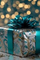 Teal ribbon tied gift box with a festive design.