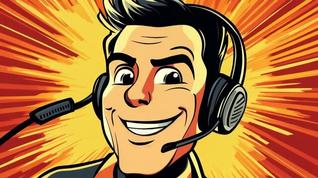 Smiling Customer Service Representative with Headset in Comic Style