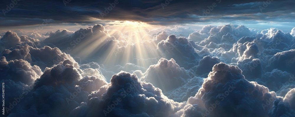 Poster calm mind state in hope and serenity through rest concept. majestic clouds illuminated by sunlight, 