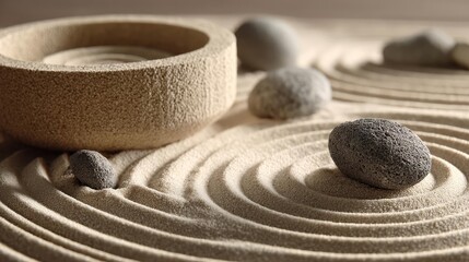 Calm mind state in hope and serenity through rest concept. Zen garden with smooth stones and calming sand patterns.