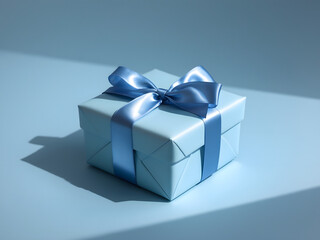 Luxury box tied with a blue ribbon in blue background. AI Generative. 