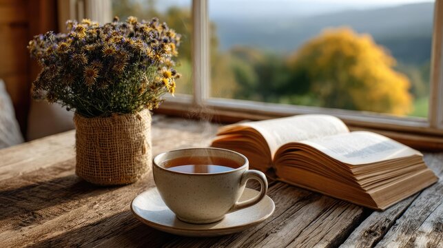 Peaceful mindset with rest, balance and self journey concept. Cozy morning scene with tea, flowers, and an open book.