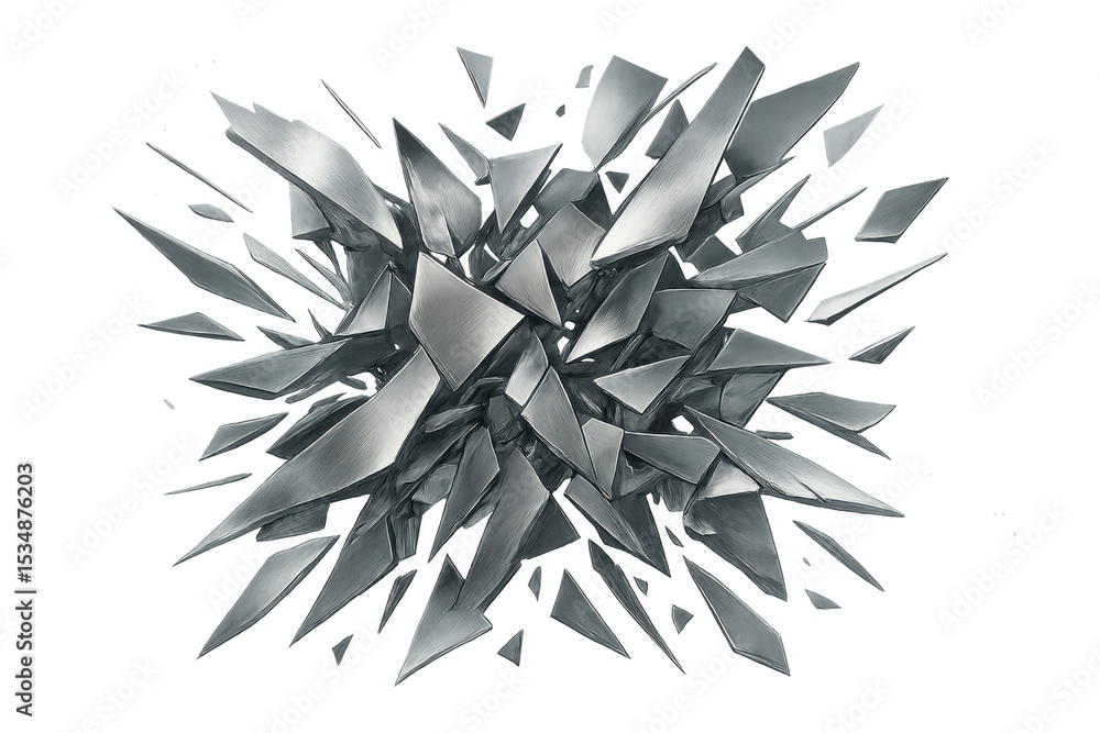 Poster metallic shards exploding against a transparent background, generating a dynamic and abstract visual