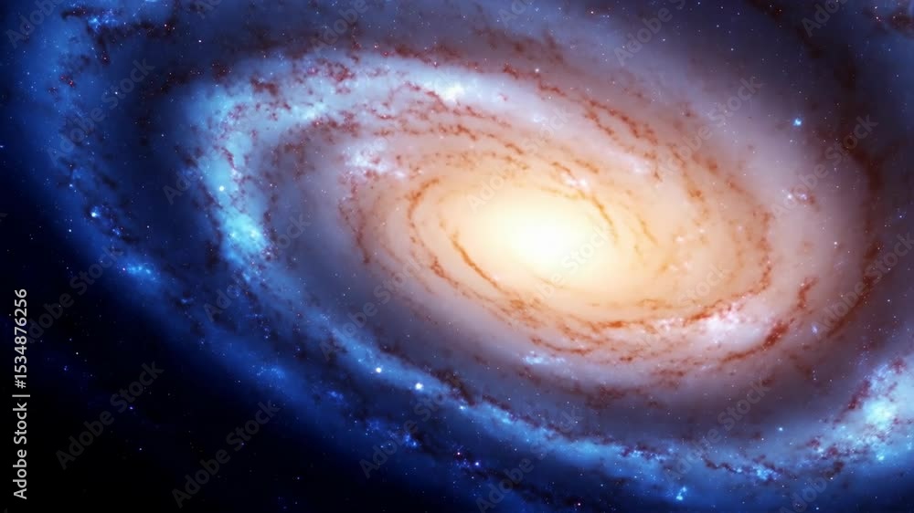 Poster dramatic spiral galaxy with cosmic dust and nebulae radiating from its central bright core in vast o