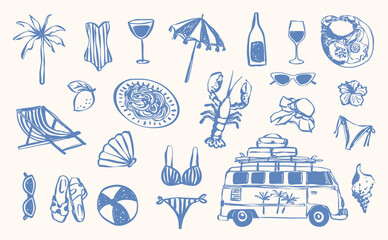 Drawn Doodle Mediterranean Matisse Whimsical Italian Food and Drink, Summer Tropical and Sea Food Line Drawing Vector Illustration