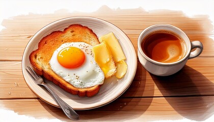 朝食のトースト、目玉焼きとチーズ、カフェのモーニング、木のテーブルの朝ごはん、シンプルな朝食、コーヒーとパン、ナチュラルな朝の風景、焼きたてのトースト、朝の食卓、あたたかい朝食