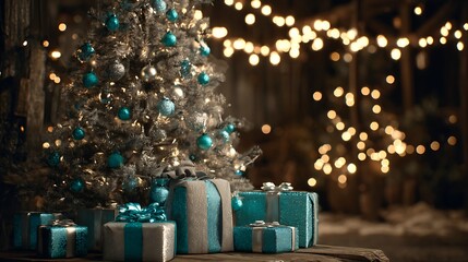Christmas tree with teal and silver decorations and presents.