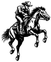 A black vector illustration depicting a cowboy confidently riding a rearing horse