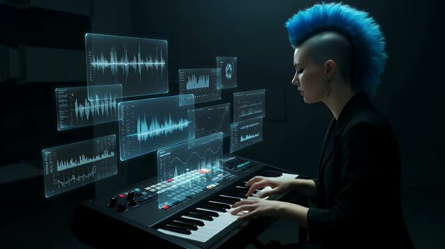 Digital musician playing synth with holographic displays