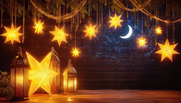 Illuminated stars and lanterns on a wooden surface under a night sky