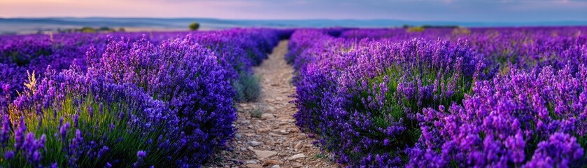 Fototapeta premium Peaceful mindset with rest, balance and self journey concept. Vibrant lavender fields under a stunning sunset sky.