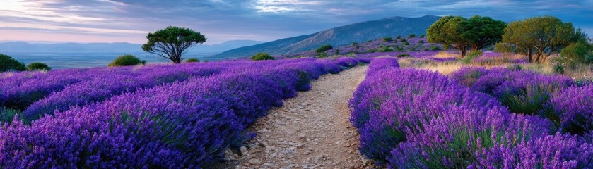 Obraz premium Peaceful mindset with rest, balance and self journey concept. A serene lavender field under a beautiful sunset sky.