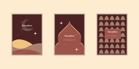 Ramadan Kareem poster, holiday cover set. Islamic greeting card, banner template. Arabic text mean Ramadan Kareem. Modern design with geometric pattern