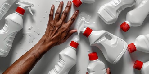Hand touching cleaning product bottles on wet surface