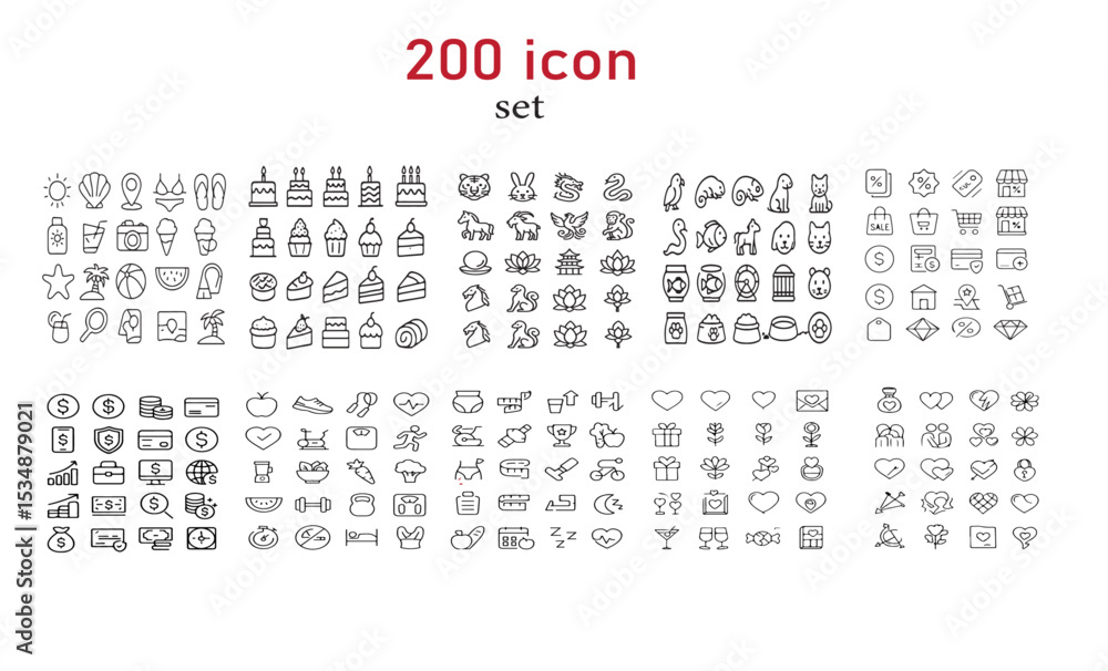 Poster a collection of two hundred minimalist line art icons arranged in a grid pattern on a white backgrou
