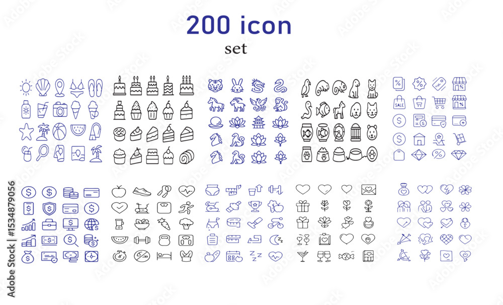 Poster a collection of two hundred minimalist line art icons arranged in a grid pattern on a white backgrou