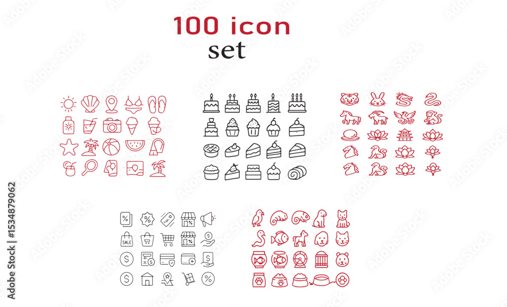 Aufkleber a collection of five sets of icons with thin lines displayed on a white background in a grid pattern