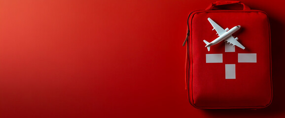 Top view of a red medical bag with a model airplane on a red background used as a banner for travel, first aid, emergency preparedness and medical care concepts.