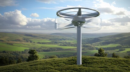Futuristic wind turbine on a grassy hill overlooking a valley